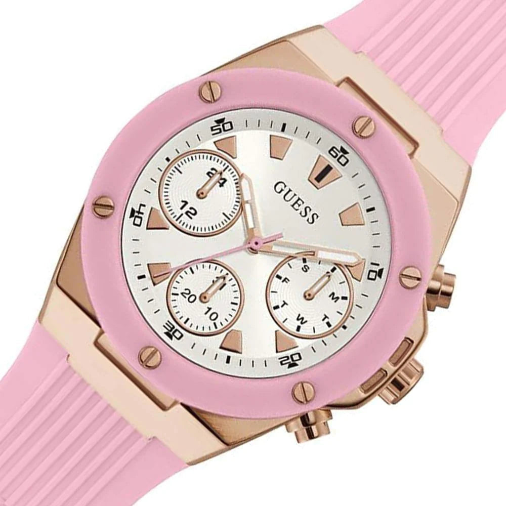 Guess Athena White Dial Pink Rubber Strap Watch For Women - GW0030L4