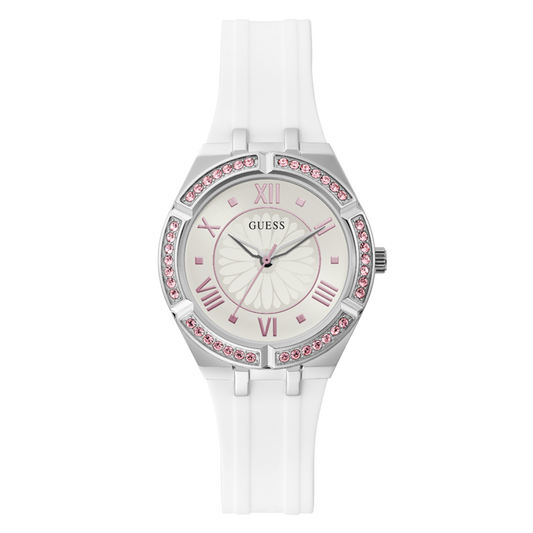 Guess Sparkling Silver Dial White Rubber Strap Watch For Women - GW0032L1