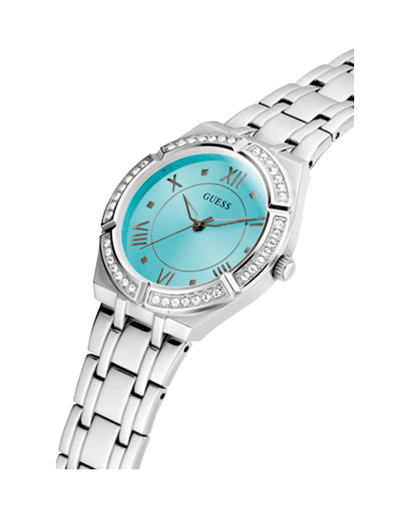 Guess Cosmo Diamonds Turquoise Dial Silver Steel Strap Watch for Women - GW0033L7