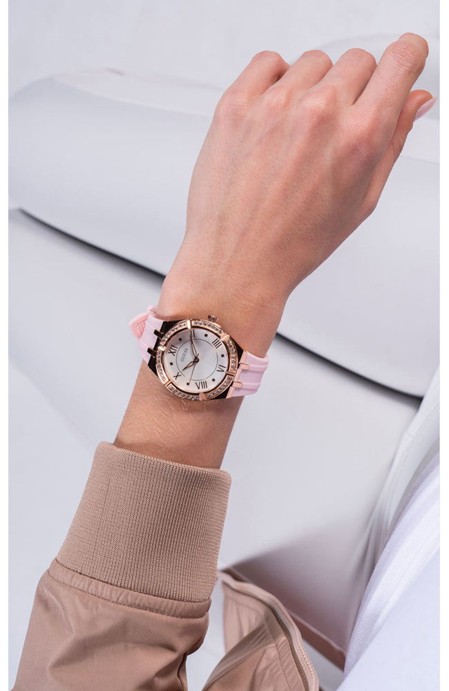 Guess Cosmo Diamonds Silver Dial Pink Silicone Strap Watch for Women - GW0034L3