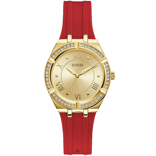 Guess Cosmo Diamonds Gold Dial Red Rubber Strap Watch for Women - GW0034L6