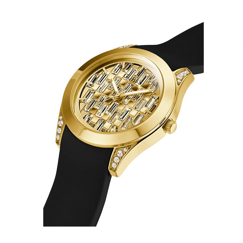 Guess Clarity Gold Dial Black Silicone Strap Watch for Women - GW0109L1