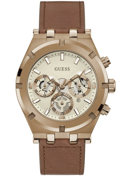 Guess Analog Multifunction White Dial Brown Leather Strap Watch for Men - GW0262G3