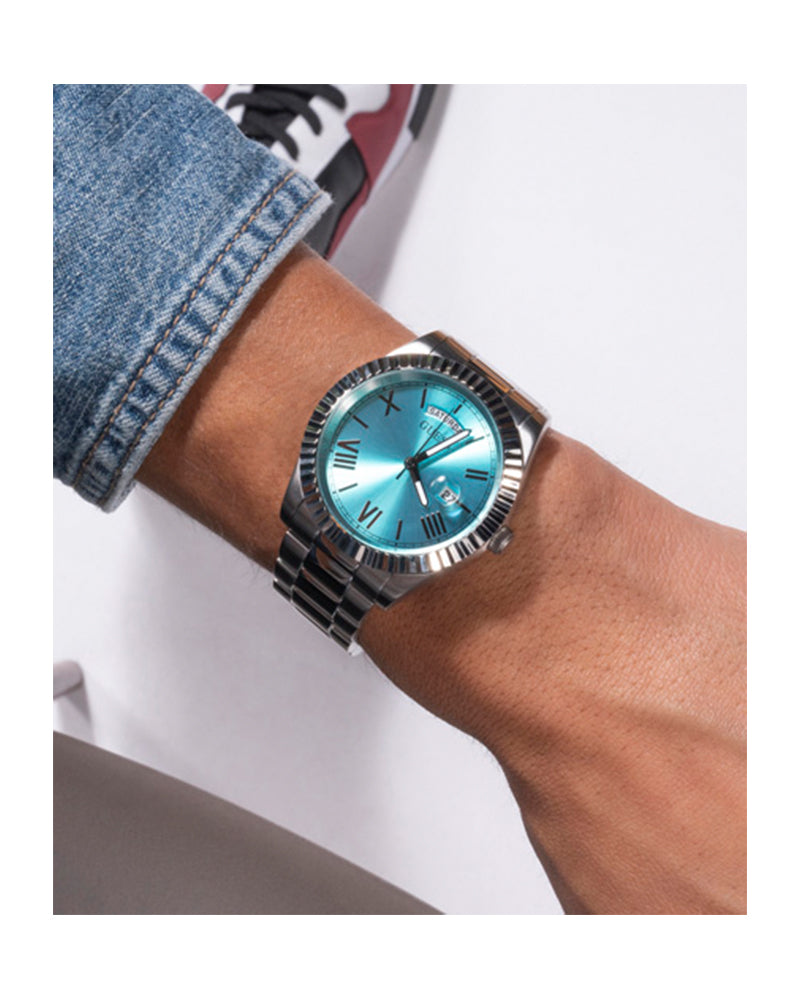 Guess Connoisseur Turquoise Dial Silver Steel Strap Watch for Men - GW0265G11