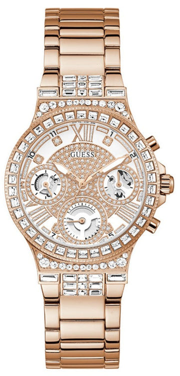 Guess Moonlight Multi Function Diamonds White Dial Rose Gold Steel Strap Watch for Women - GW0320L3