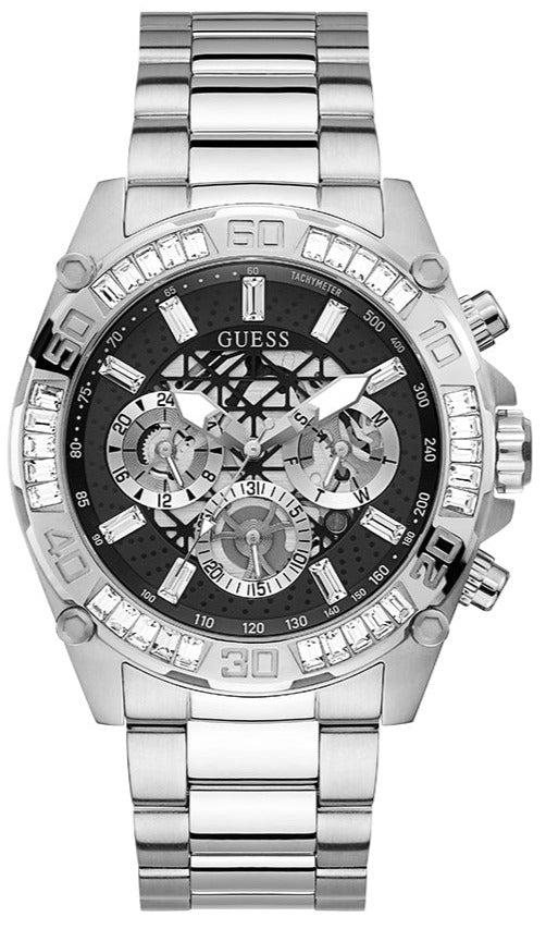 Guess Trophy Chronograph Diamonds Black Dial Silver Steel Strap Watch for Men - GW0390G1