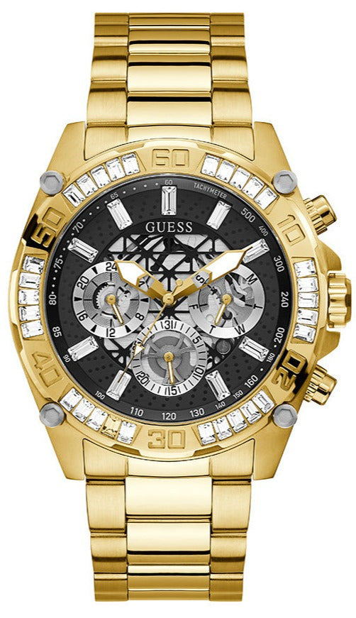 Guess Trophy Diamonds Black Dial Gold Steel Strap Watch for Men - GW0390G2