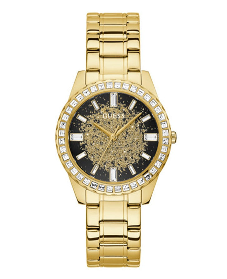 Guess Night Life Diamonds Black Dial Gold Steel Strap Watch for Women - GW0405L2