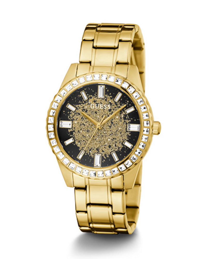 Guess Night Life Diamonds Black Dial Gold Steel Strap Watch for Women - GW0405L2