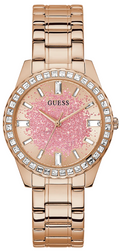 Guess Glitter Diamonds Pink Dial Rose Gold Steel Strap Watch for Women - GW0405L3