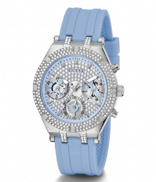 Guess Confetti Crystal  Silver Dial Turquoise Rubber Brand Watch For Women - W1098L3