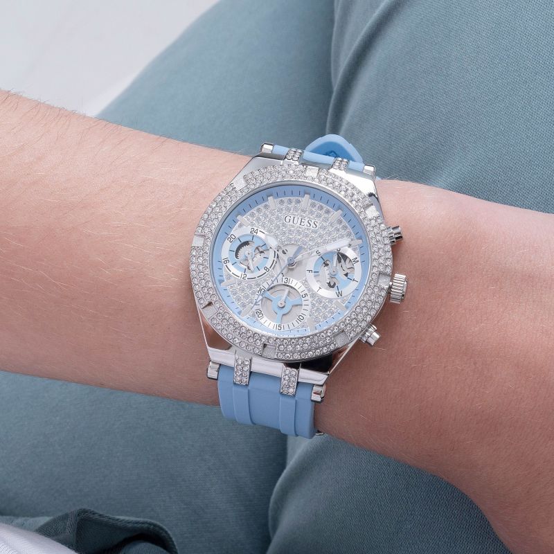 Guess Confetti Crystal  Silver Dial Turquoise Rubber Brand Watch For Women - W1098L3