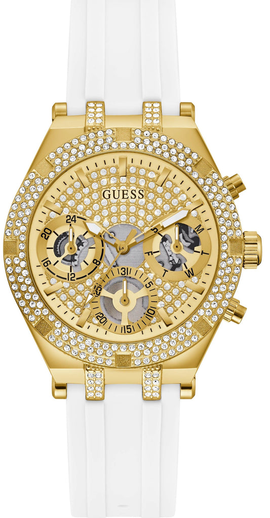 Guess Heiress Diamonds Gold Dial White Rubber Strap Watch for Women - GW0407L2