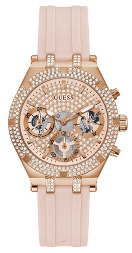 Guess Heiress Diamonds Rose Gold Dial Pink Rubber Strap Watch for Women - GW0407L3