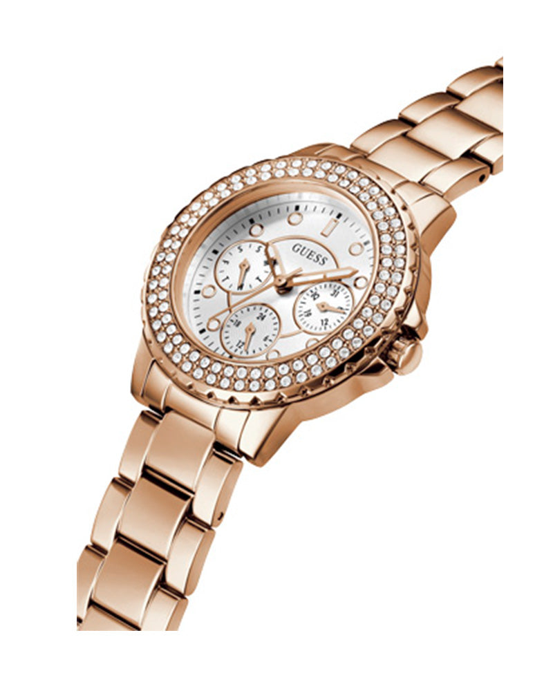 Guess Crown Jewel Multifunction Diamonds White Dial Rose Gold Steel Strap Watch For Women - GW0410L3