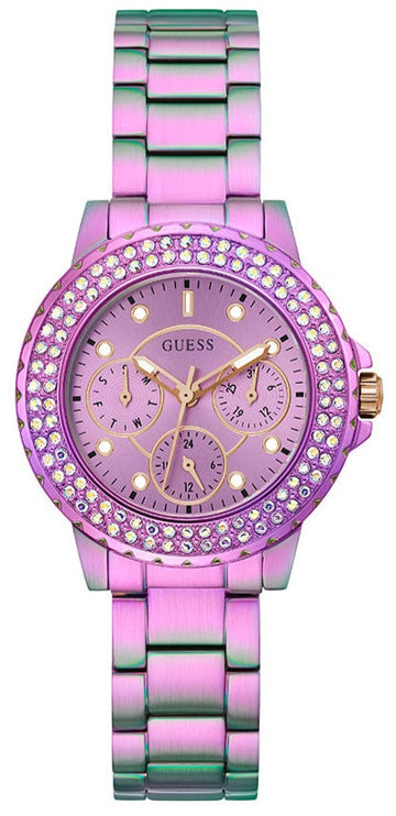 Guess Crown Jewel Diamonds Purple Dial Purple Steel Strap Watch for Women - GW0410L4