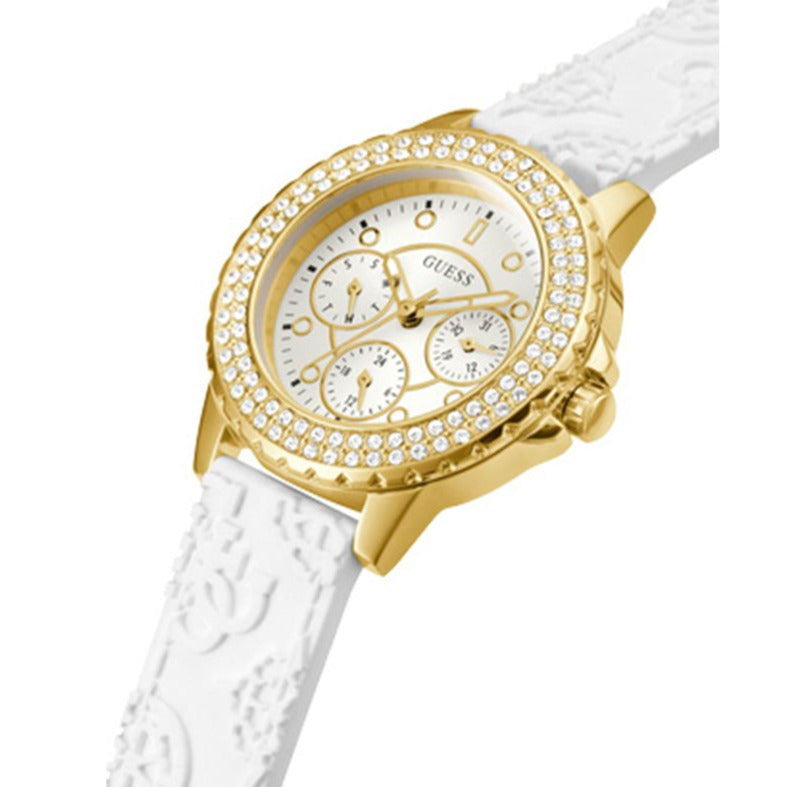 Guess Crown Jewel Multifunction Diamonds White Dial White Leather Strap Watch for Women - GW0411L1