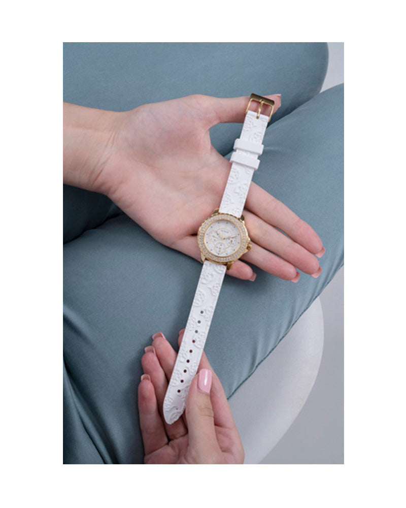 Guess Crown Jewel Multifunction Diamonds White Dial White Leather Strap Watch for Women - GW0411L1