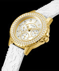 Guess Crown Jewel Multifunction Diamonds White Dial White Leather Strap Watch for Women - GW0411L1