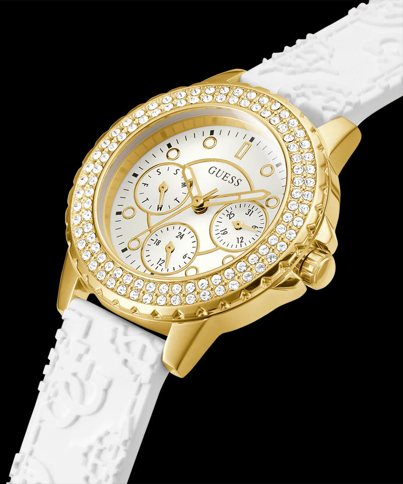 Guess Crown Jewel Multifunction Diamonds White Dial White Leather Strap Watch for Women - GW0411L1