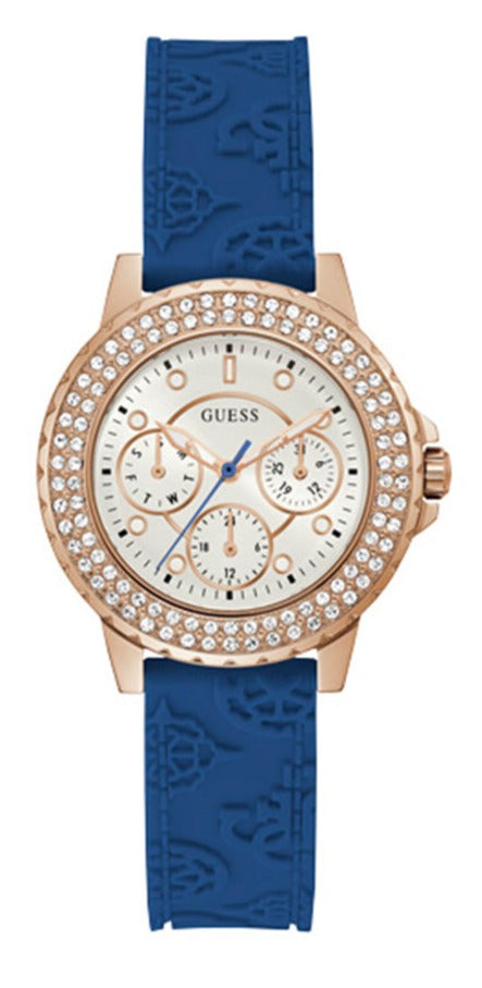 Guess Crown Jewel Diamonds White Dial Blue Rubber Strap Watch for Women - GW0411L2