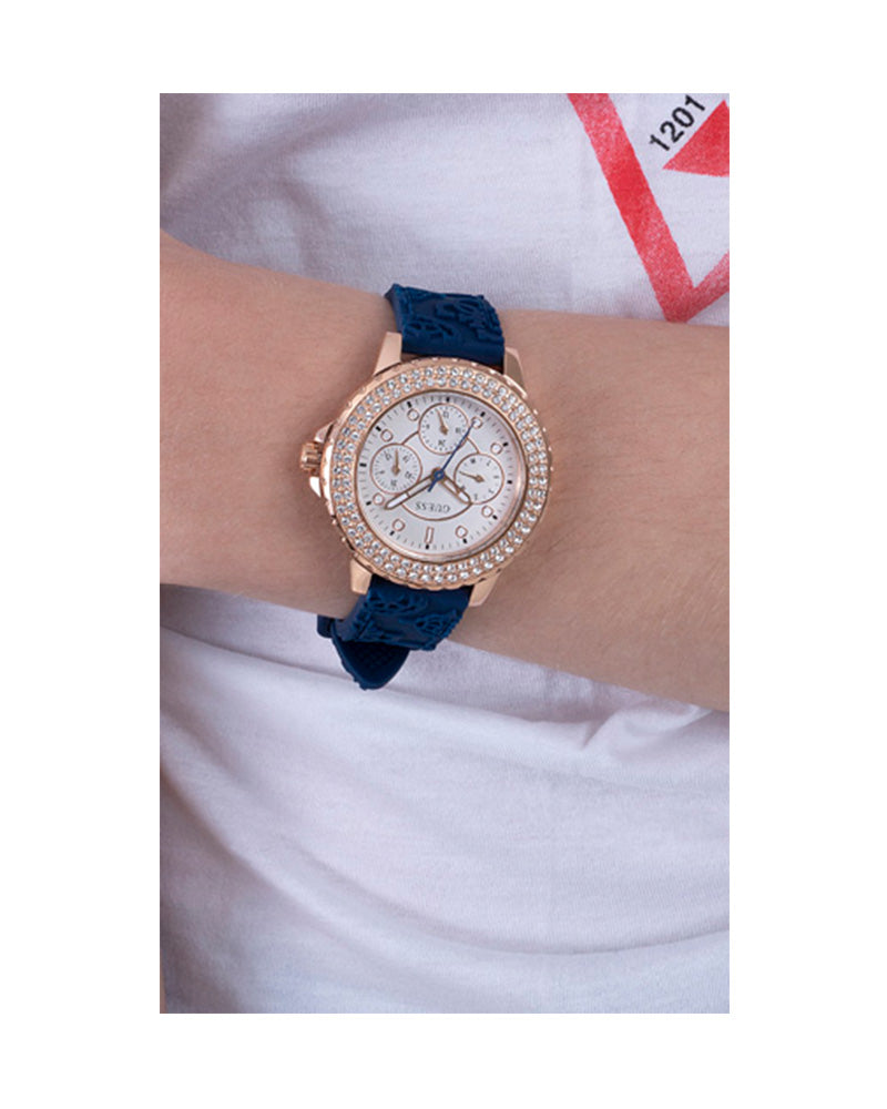 Guess Confetti Diamonds Gold Dial Blue Rubber Strap Watch For Women - W1098L6