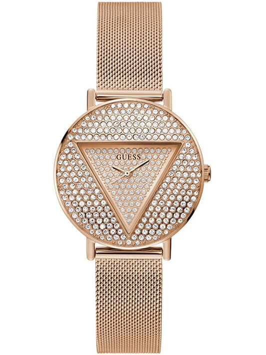 Guess Iconic Diamonds Rose Gold Dial Rose Gold Mesh Bracelet Watch For Women - GW0477L3