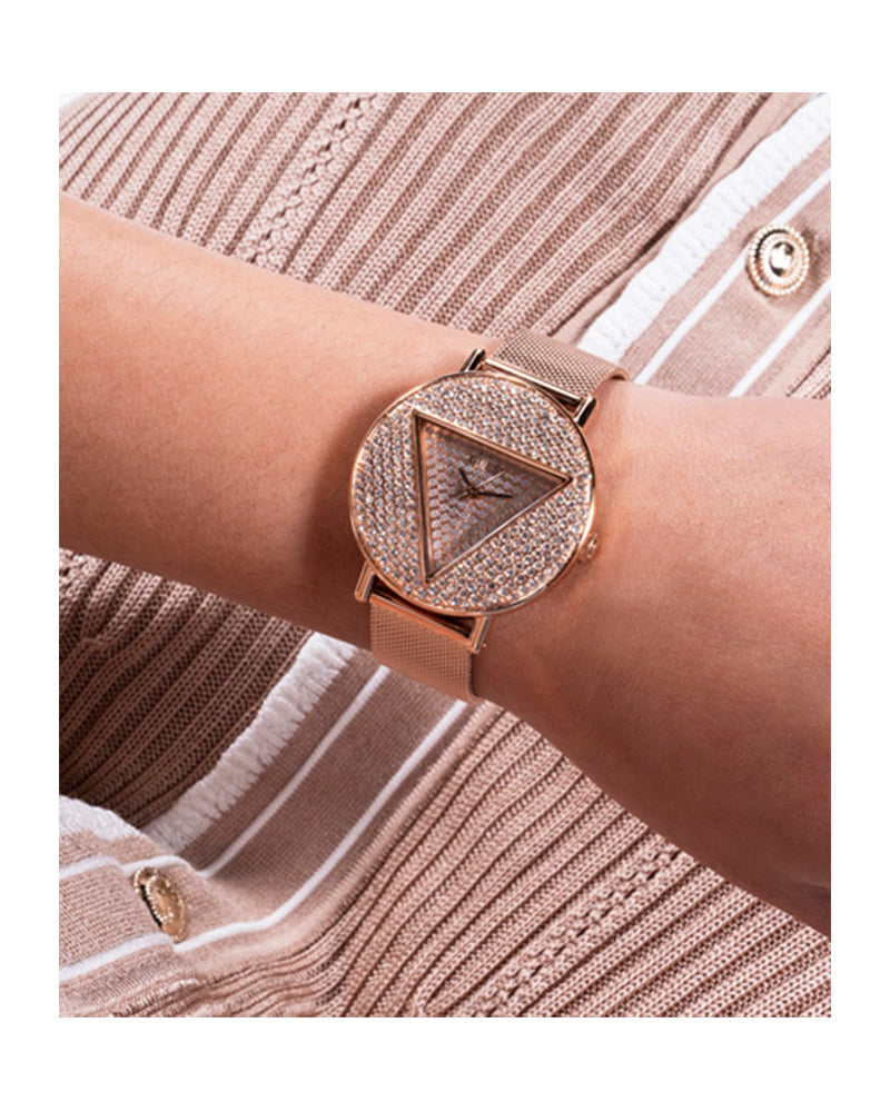 Guess Iconic Diamonds Rose Gold Dial Rose Gold Mesh Bracelet Watch For Women - GW0477L3