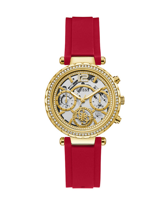 Guess Solstice Diamonds Gold Dial Red Rubber Strap Watch for Women - GW0484L1