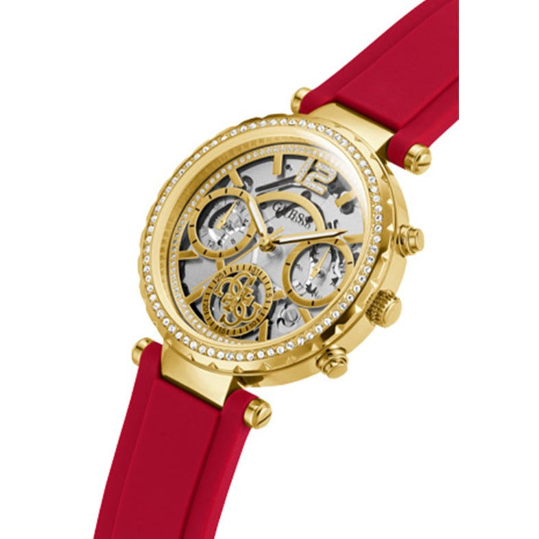 Guess Solstice Diamonds Gold Dial Red Rubber Strap Watch for Women - GW0484L1