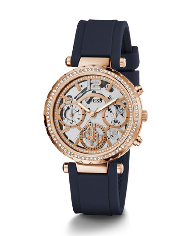 Guess Solistice Diamonds Roe Gold Dial Black Rubber Strap Watch for Women - GW0484L2