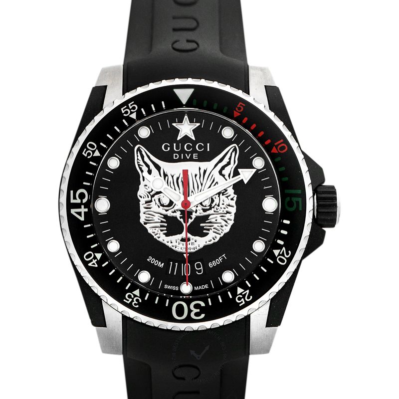 Gucci Dive Feline Quartz Black Dial Black Rubber Strap Watch For Men - YA136323