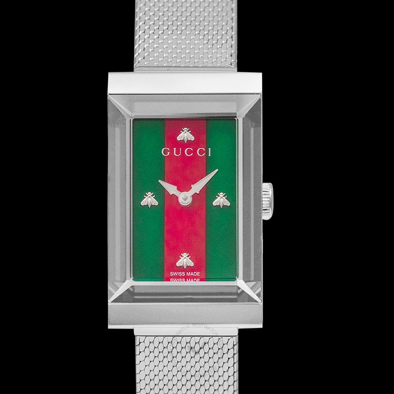 Gucci G Frame Red and Green Dial Silver Mesh Bracelet Watch For Women - YA147401