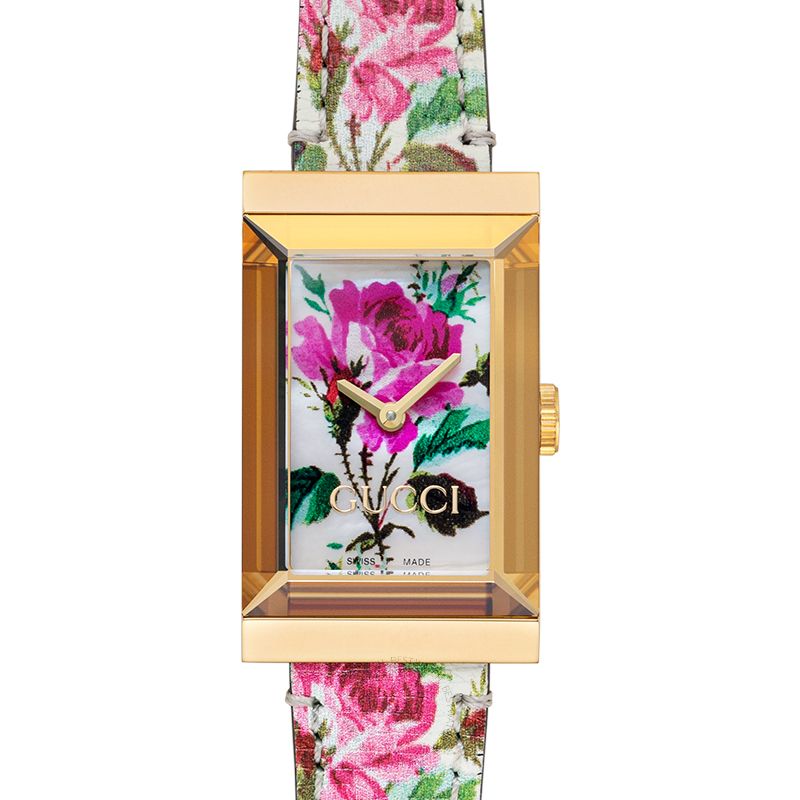Gucci G-Frame Floral Ivory Dial White Leather Strap Watch For Women - YA147406