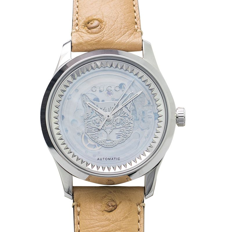 Gucci G Timeless Automatic Mother of Pearl Dial Brown Leather Strap Watch For Women - YA1264112