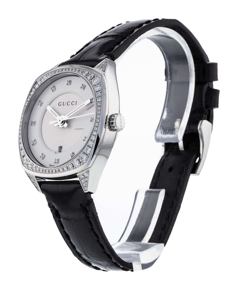 Gucci GG2570 Diamonds Silver Dial Black Leather Strap Watch For Women - YA142507