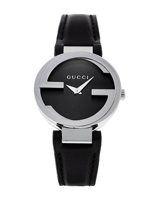 Gucci G Lock Interlocking Quartz Black Dial Black Leather Strap Watch For Women - YA133501