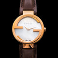 Gucci Interlocking Mother of Pearl Dial Brown Leather Strap Watch For Women - YA133516