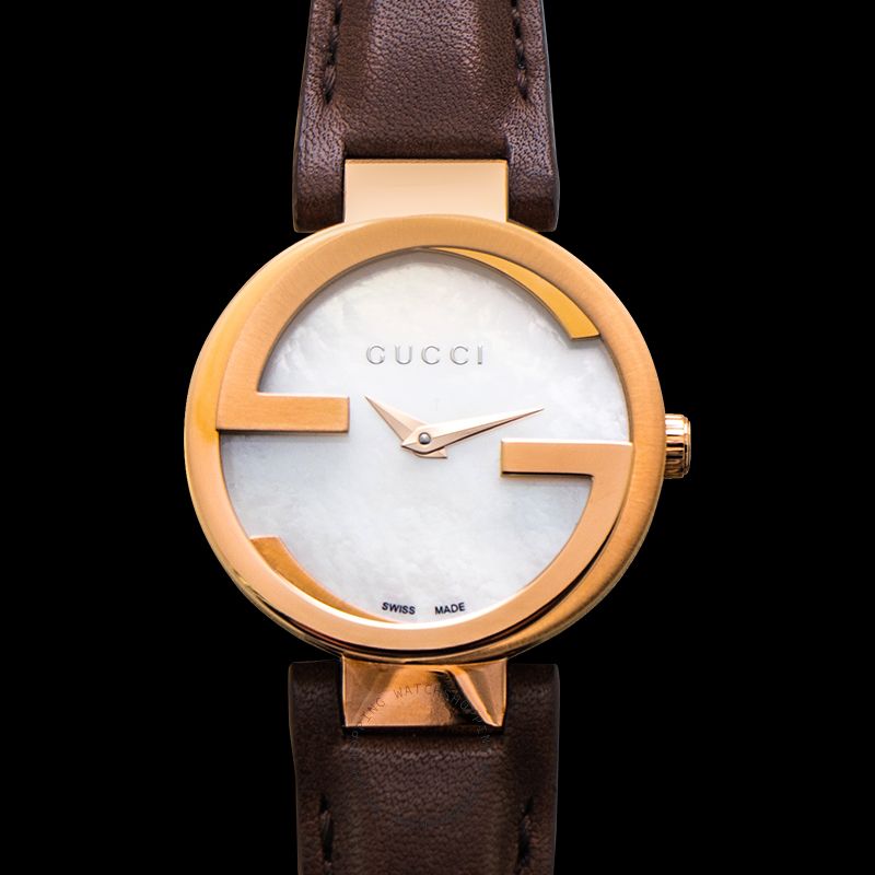 Gucci Interlocking Mother of Pearl Dial Brown Leather Strap Watch For Women - YA133516