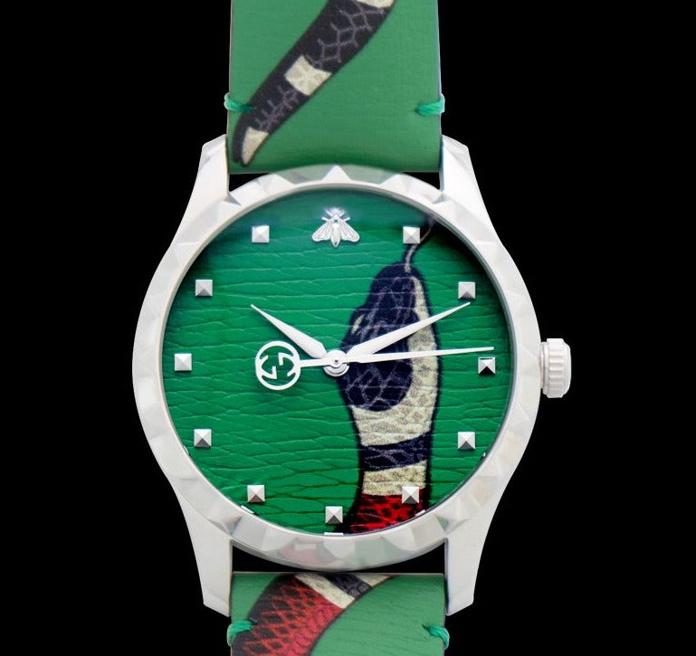 Gucci G Timeless Le Marche Des Merveilles Kingsnake Green Dial Green Leather Strap Unisex Watch - YA1264081