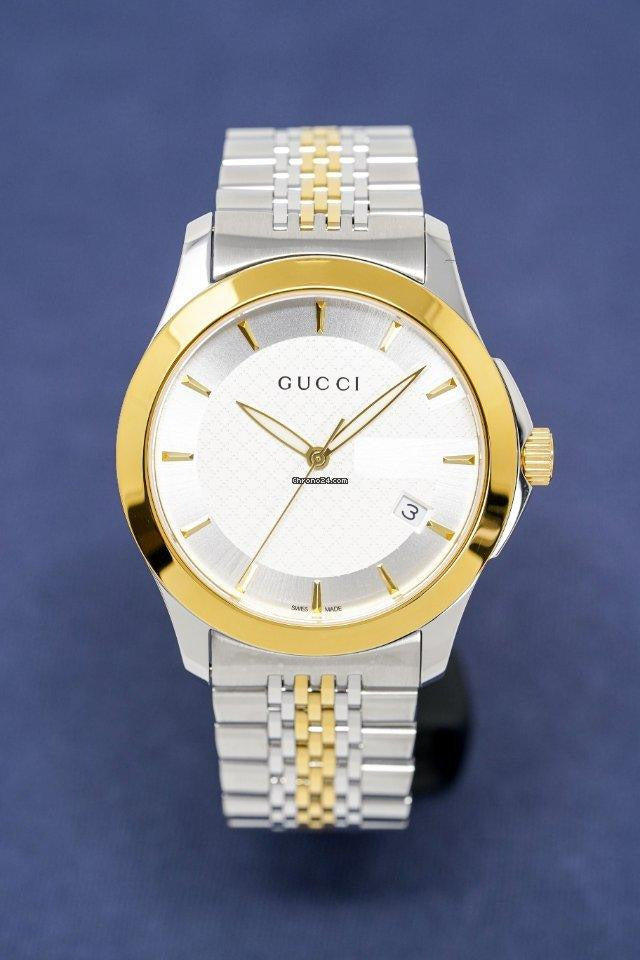Gucci G Timeless Quartz Silver Dial Two Tone Mesh Bracelet Watch For Men - YA126409