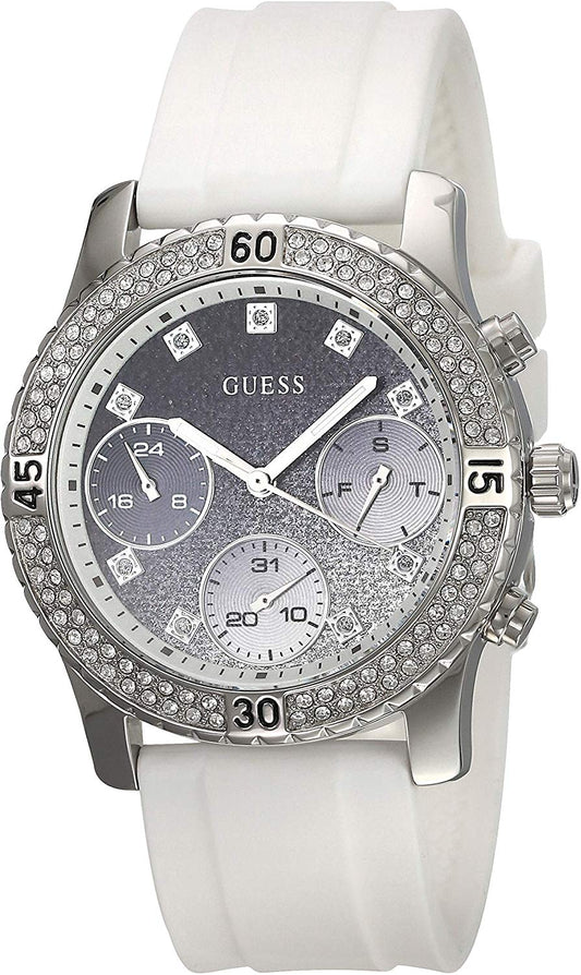 Guess Confetti Crystal Black Dial White Silicone Strap Watch For Women - W1098L1