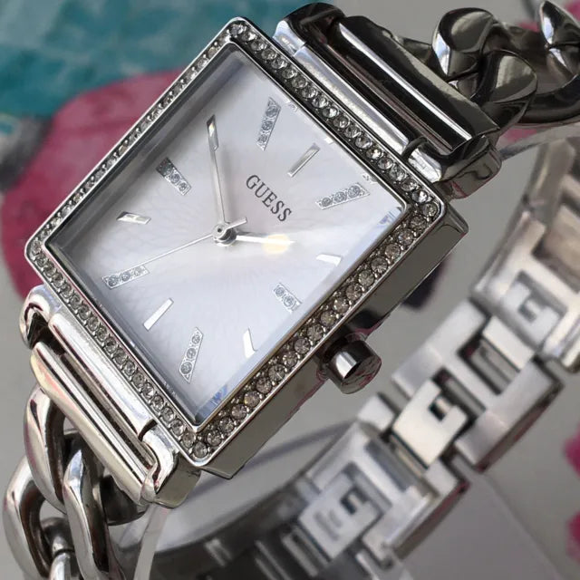 Guess Vanity Diamonds White Dial Silver Steel Strap Watch for Women - W1030L1