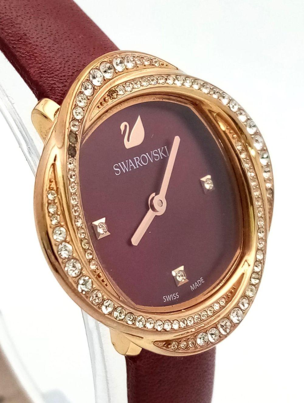 Swarovski Crystal Flower Red Dial Red Leather Strap Watch for Women - 5552780