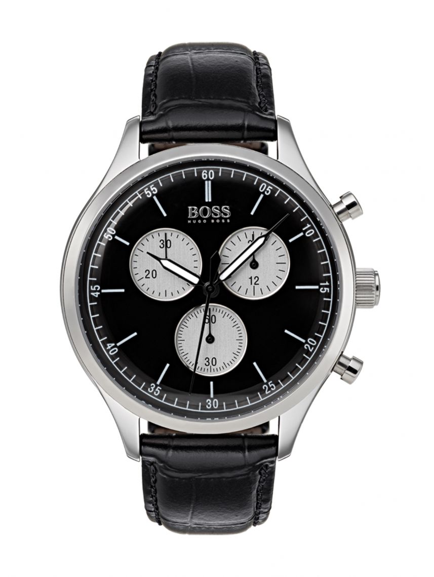 Hugo Boss Companion Black Dial Black Leather Strap Watch for Men - 1513543