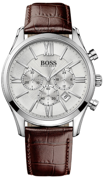 Hugo Boss Ambassador Chronograph Silver Dial Brown Leather Strap Watch For Men - HB1513195