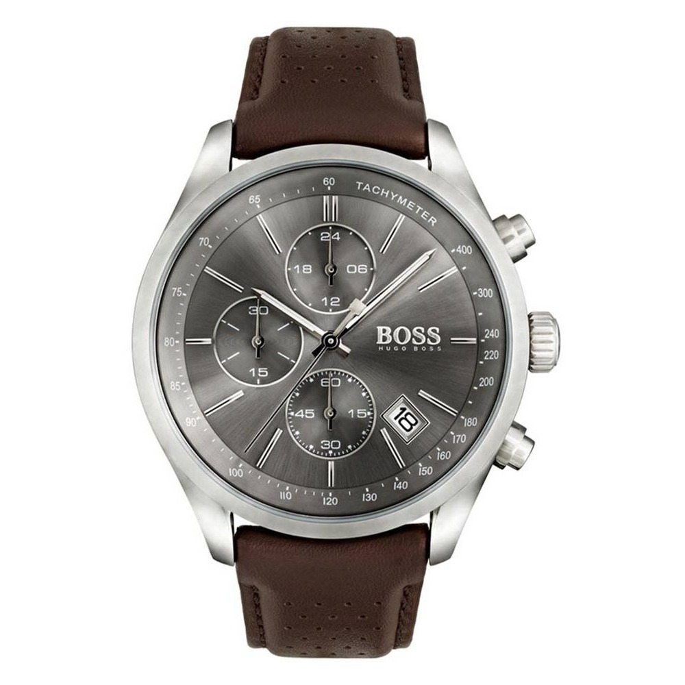 Hugo Boss Grand Prix Chronograph Grey Dial Brown Leather Strap Watch for Men - 1513476