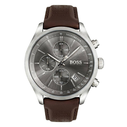 Hugo Boss Grand Prix Grey Dial Brown Leather Strap Watch for Men -  1513476