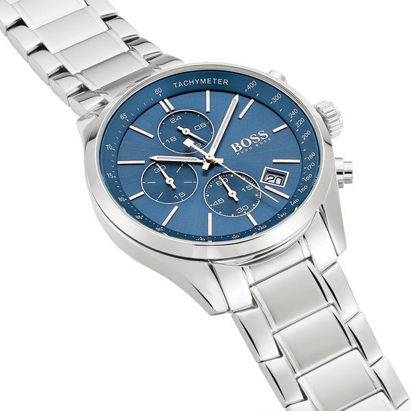 Hugo Boss Grand Prix Chronograph Blue Dial Silver Steel Strap Watch for Men - 1513478