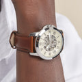 Fossil Grant Automatic Skeleton Beige Dial Brown Leather Strap Watch for Men - ME3099